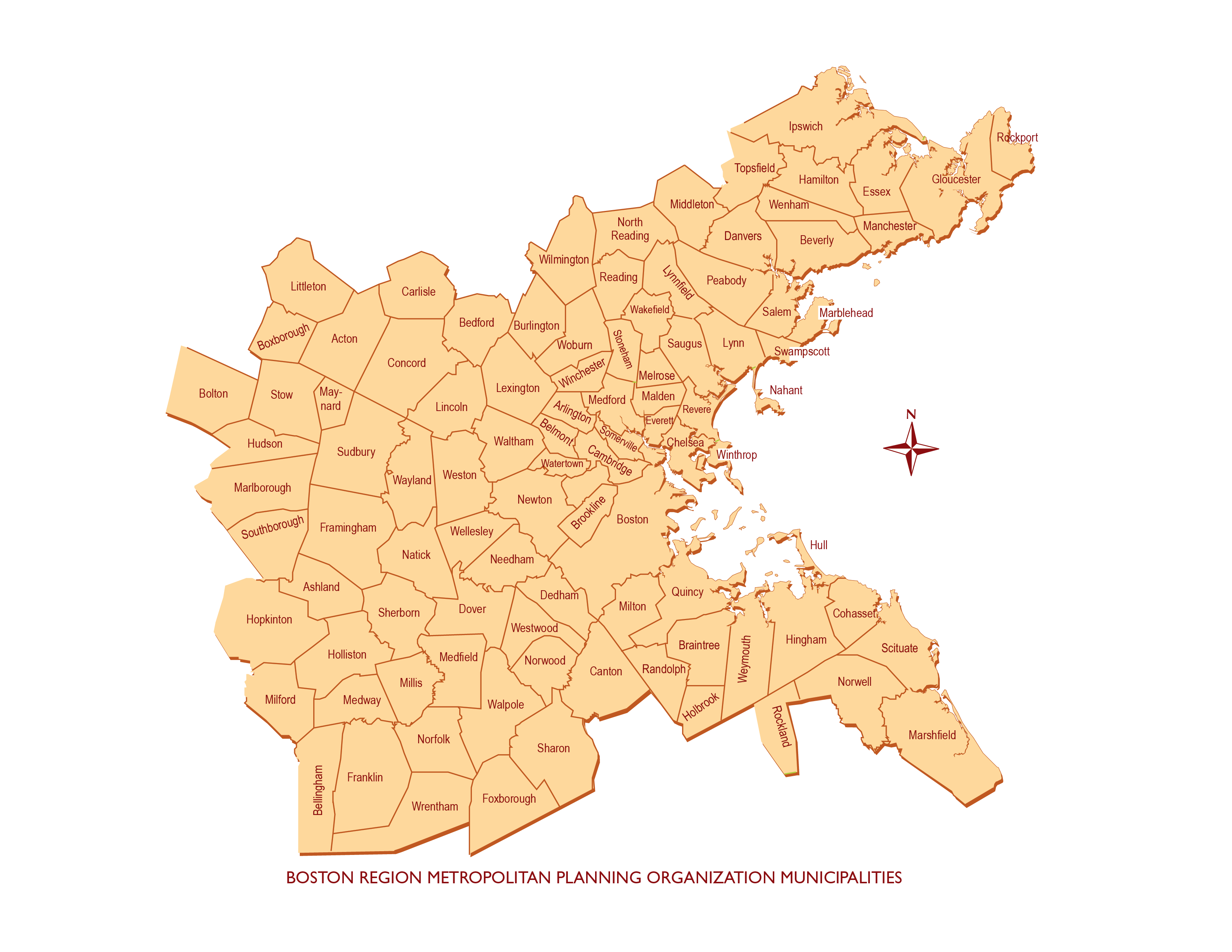 This image is a map of the 97 municipalities that comprise the Boston Region MPO area.